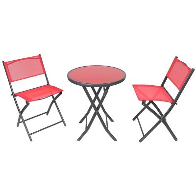 12. BALCONY FURNITURE SET ROUND TABLE AND 2 FOLDING CHAIRS RED