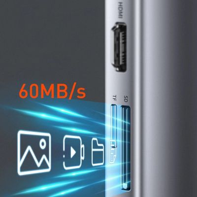 22. Baseus Metal Gleam 11in1 multifunctional USB Type C HUB - 3x USB 3.2 Gen 1 5Gbps / USB Type C PD 100W / 3.5 mm mini jack AUX / VGA Full HD 60Hz / 2x HDMI 4K 30Hz / TF and SD card reader / RJ45 1Gbps gray (CAHUB-CT0G)