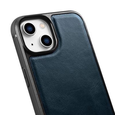 9. iCarer Leather Oil Wax case covered with natural leather for iPhone 14 blue (WMI14220717-BU)