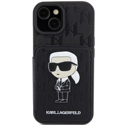 3. Karl Lagerfeld Saffiano Cardslots and Stand Monogram Ikonik Patch case for iPhone 15 - black