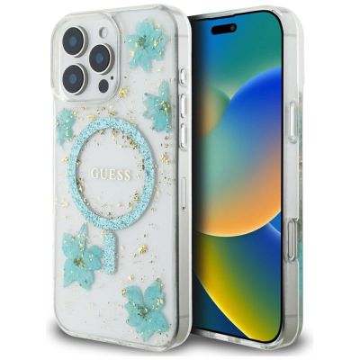 Guess Resin Flowers Glitter MagSafe iPhone 16 Pro Case - Clear Green