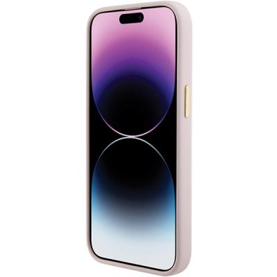 5. Guess Silicone Script Metal Logo & Frame case for iPhone 15 - pink