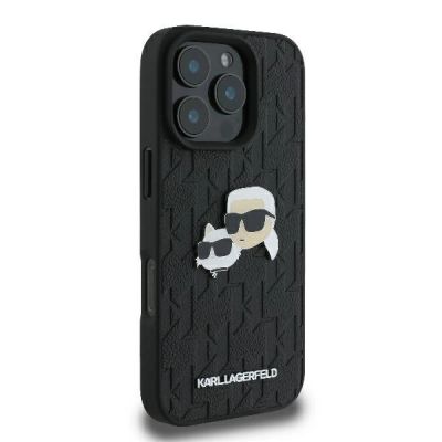 4. Karl Lagerfeld Monogram Karl & Choupette Head Pin iPhone 16 Pro Case - Black