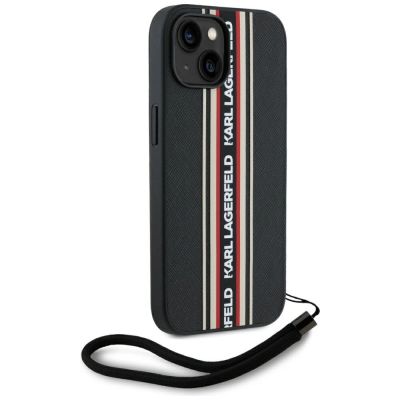 3. Karl Lagerfeld Saffiano Athleisure Stripes Cord iPhone 15 Case - Red