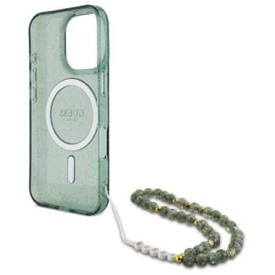 6. Guess IML Glitter With Pearl Strap MagSafe case for iPhone 16 Pro Max - green