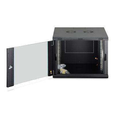 5. DYNAmic 19" 9U rack 600x600 wall-mounted network cabinet, glass door, black, undivided, assembled, 60kg