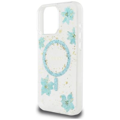 6. Guess Resin Flowers Glitter MagSafe iPhone 16 Pro Case - Clear Green