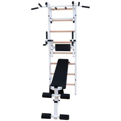 29. WOODEN AND METAL GYMNASTIC WALL BAR WITH BAR, BENCH AND ACCESSORIES BENCHK 233W