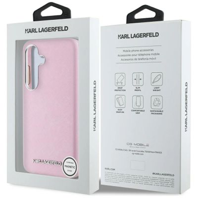 8. Karl Lagerfeld Saffiano Full Wrapped Elongated Metal Logo MagSafe Case for Samsung Galaxy S25 - Pink