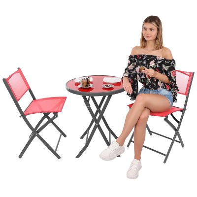 18. BALCONY FURNITURE SET ROUND TABLE AND 2 FOLDING CHAIRS RED