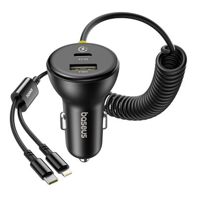 4. Baseus Circular 60W USB-A + USB-C Car Charger with Built-in Lightning + USB-C Cable 1.4m - Black
