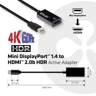 3. CLUB 3D CAC-1180 Mini DisplayPort 1.4 to HDMI 2.0b HDR Active Adapter