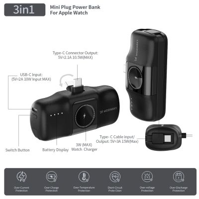 16. Wozinsky WF16-YCS 5000mAh 15W USB-C Mini Power Bank with Built-in USB-C Cable and Apple Watch Charger - Black