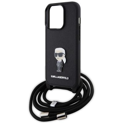 5. Karl Lagerfeld Crossbody Saffiano Monogram Metal Pin Karl & Choupette Case for iPhone 15 Pro - Black