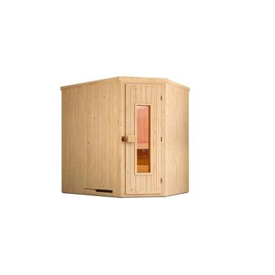 2. Varberg modular sauna, 192x142, corner entrance, wooden door, raw wood with Ofenset BioAktiv 7.5 kW stove