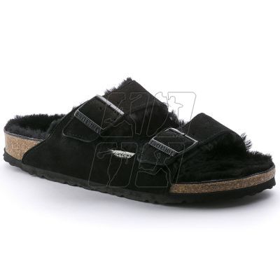 Women's slippers insulated with lambswool Birkenstock Arizona VL Shearling Black suede leather regular wide (0752661)