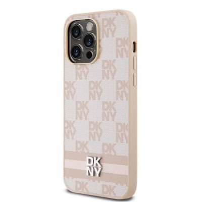 2. DKNY Leather Checkered Mono Pattern & Printed Stripes case for iPhone 14 Pro Max - pink