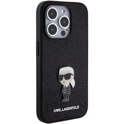 4. Karl Lagerfeld Glitter Ikonik Logo Metal Logo Case for iPhone 15 Pro Max - Black