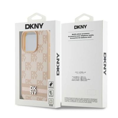 8. DKNY Leather Checkered Mono Pattern & Printed Stripes case for iPhone 15 Pro - pink