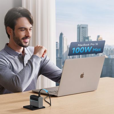 6. Cuktech CUKAD1003EUG GaN 100W Wall Charger 2 x USB-C 1 x USB-A with USB-C Cable - Gray