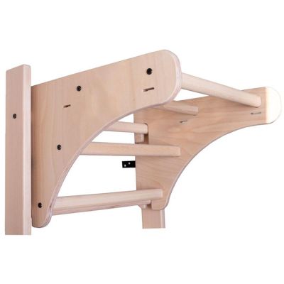 20. GYMNASTIC WOODEN AND METAL WALL BAR WITH 4 HANDLES WITH A WOODEN BAR BENCHK 211W