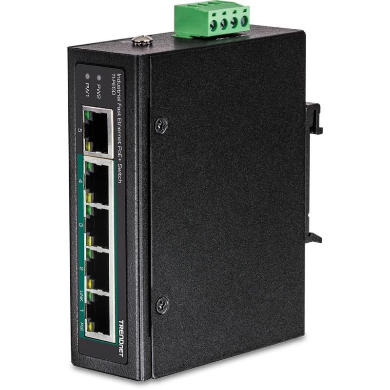 TRENDnet TI-PE50 Switch - unmanaged - 4 x 10/100 (PoE+) + 1 x 10/100 - DIN rail mounting, wall mounting - PoE+ (90 W) - DC