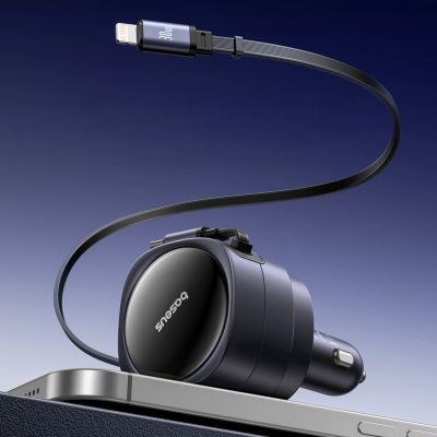 9. Baseus Enjoyment Max 60W Car Charger with Retractable USB-C and Lightning Cables - Black