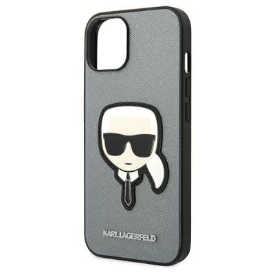 6. Karl Lagerfeld Saffiano Karl's Head Patch case for iPhone 14 - silver