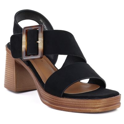 Women's suede sandals with a block heel, black, Potocki 54307