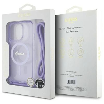 7. Guess Crossbody Cord Script MagSafe Case for iPhone 16 Pro Max - Purple