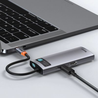 9. Baseus Metal Gleam 6-in-1 USB-C - USB-C PD 100W HUB 1x HDMI 4K 30Hz 3x USB-A 3.2 1x RJ45 - gray