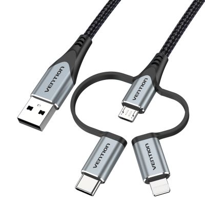 6. Vention USB-A 3in1 Micro-B USB-C Lightning Cable 1m Gray