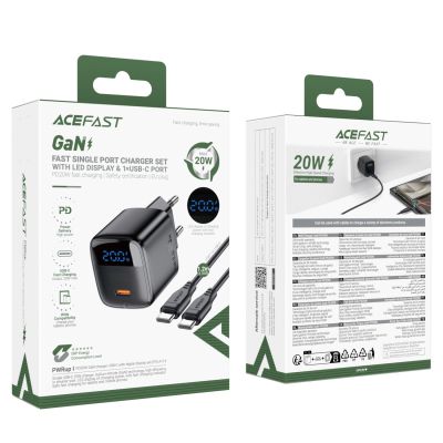 5. Acefast A113 GaN PD 20W USB-C Wall Charger with Display with USB-C Cable - Black