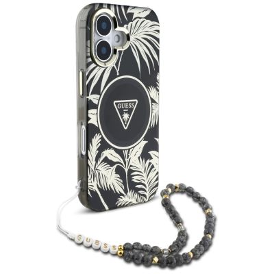 3. Guess Palm Trees Triangle Pearl Strap MagSafe case for iPhone 16 black