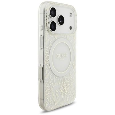 4. Guess IML Flowers Allover Electroplated with Pearl Strap MagSafe Case for iPhone 18 Pro / 17 Pro - White