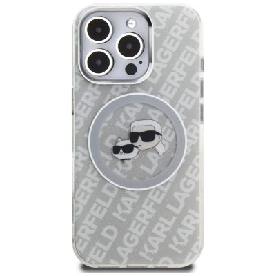 3. Karl Lagerfeld IML Glitter Karl & Choupette Heads Logo MagSafe Case for iPhone 16 Pro Max - Gray
