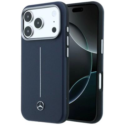 Mercedes Leather Semi Wrap Iconic Line MagSafe Case for iPhone 17 Pro Max - Navy Blue