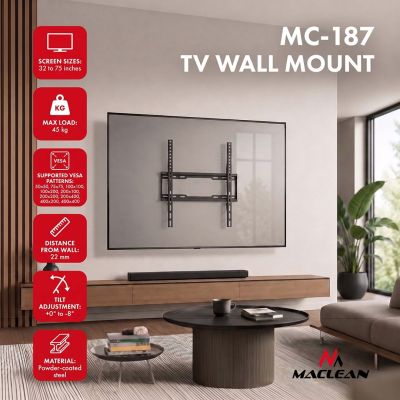 MACLEAN TV MOUNT / HANGER 32-75'' MACLEAN TV MOUNT / HANGER, MAX VESA 400X400, 32-75", UP TO 45KG, BLACK, TILT ADJUSTMENT