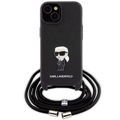 2. Karl Lagerfeld Crossbody Saffiano Monogram Metal Pin Karl & Choupette Case for iPhone 15 - Black