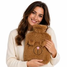 RUBBER HOT WATER BOTTLE 1.75L IN ANIMAL COVER - BROWN