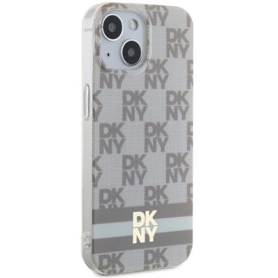 4. DKNY IML Checkered Mono Pattern & Printed Stripes MagSafe Case for iPhone 15 Plus / 14 Plus - Beige
