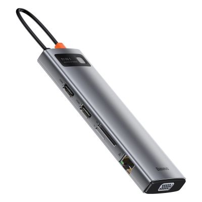 4. Baseus Metal Gleam 11in1 multifunctional USB Type C HUB - 3x USB 3.2 Gen 1 5Gbps / USB Type C PD 100W / 3.5 mm mini jack AUX / VGA Full HD 60Hz / 2x HDMI 4K 30Hz / TF and SD card reader / RJ45 1Gbps gray (CAHUB-CT0G)