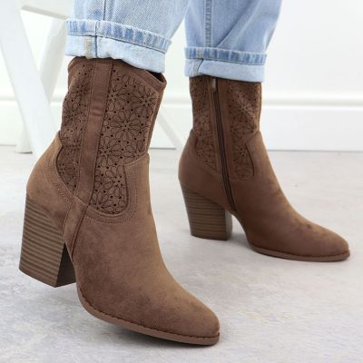 6. Women's openwork cowboy boots, suede, brown, S.Barski HY52-514
