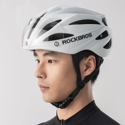 9. Rockbros Bike Helmet with Visor, Detachable UV Goggles, Unisex, Glossy - White