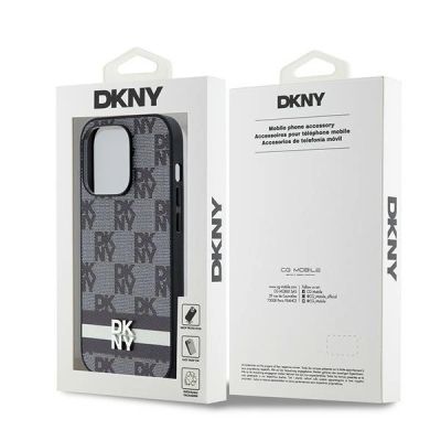 8. DKNY Leather Checkered Mono Pattern & Printed Stripes iPhone 14 Pro Case - Black