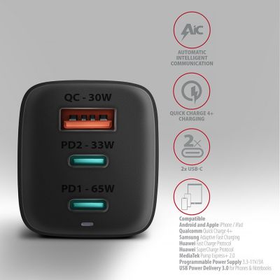 4. AXAGON ACU-DPQ65 Wall charger, GaN 65W, 3x port (USB-A + dual USB-C), PD3.0/QC4+/PPS/Apple