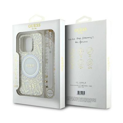 7. Guess IML Flowers Allover Electro With Pearl Strap MagSafe case for iPhone 16 Pro - white