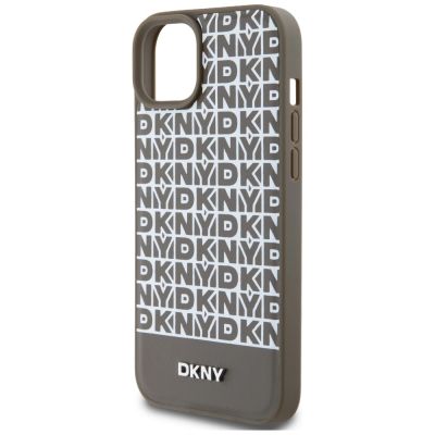 5. DKNY Leather Printed Pattern Metal Logo MagSafe Case for iPhone 15 / 14 / 13 - Brown