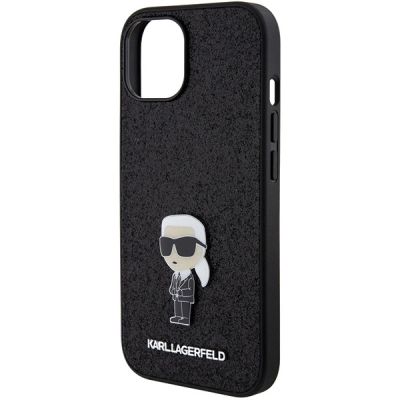 6. Karl Lagerfeld Fixed Glitter Ikonik Logo Metal Pin case for iPhone 15 - black