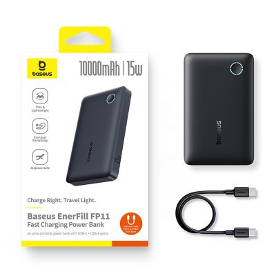 15. Baseus EnerFill FP11 Power Bank 10000mAh 15W (with black Simple USB-C - USB-C 20V/3A 30cm cable) - black